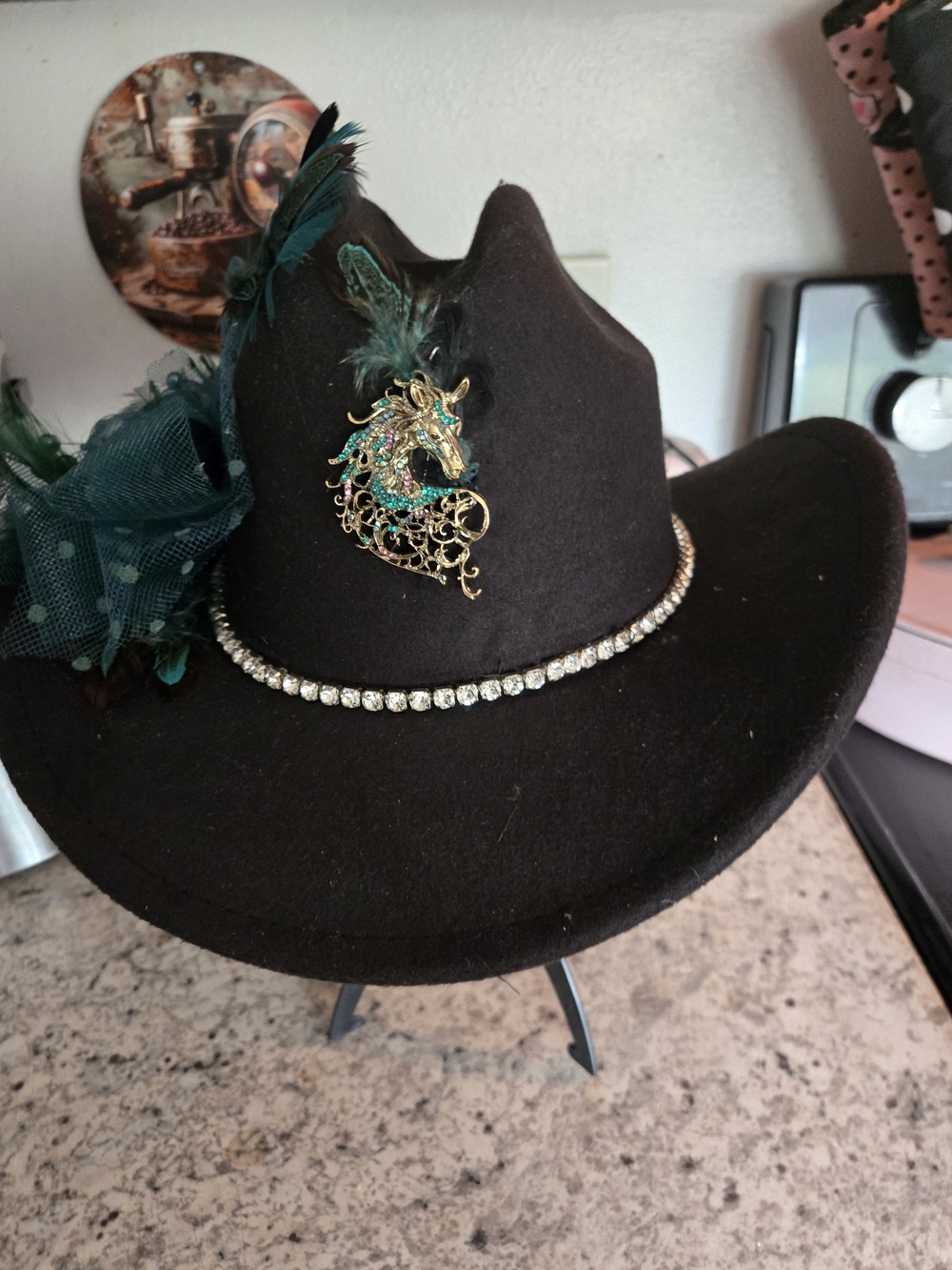 Black Felt Western Hat with Teal Feather Brooch and Rhinestone Band